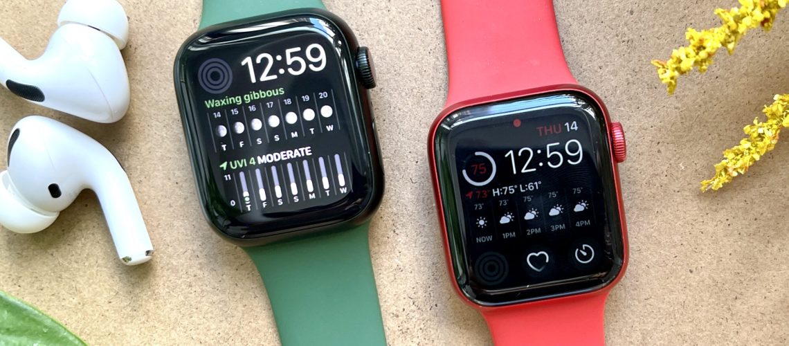 apple watch series 7 (left) and apple watch series 6 (right) laying on a table