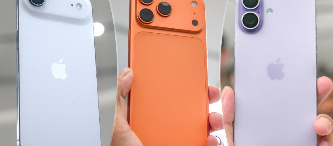 iPhone Air, iPhone 17 Pro and iPhone 17 being held aloft