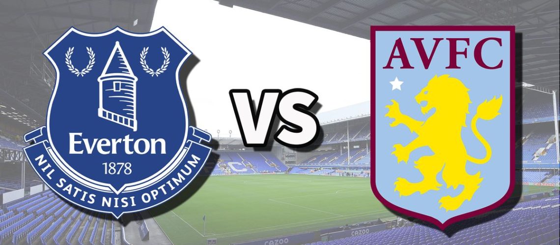 The Everton and Aston Villa club badges on top of a photo of Goodison Park stadium in Liverpool, England