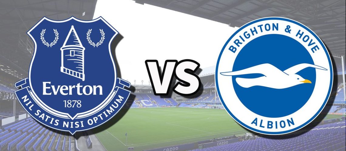 The Everton and Brighton & Hove Albion club badges on top of a photo of Goodison Park stadium in Liverpool, England