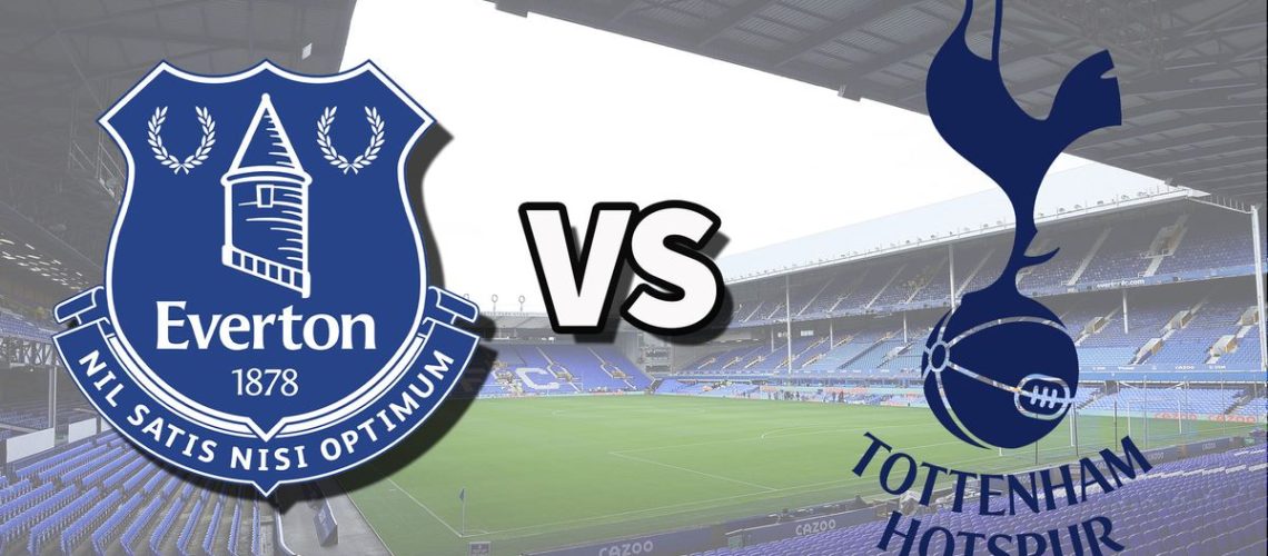 The Everton and Tottenham Hotspur club badges on top of a photo of Goodison Park stadium in Liverpool, England