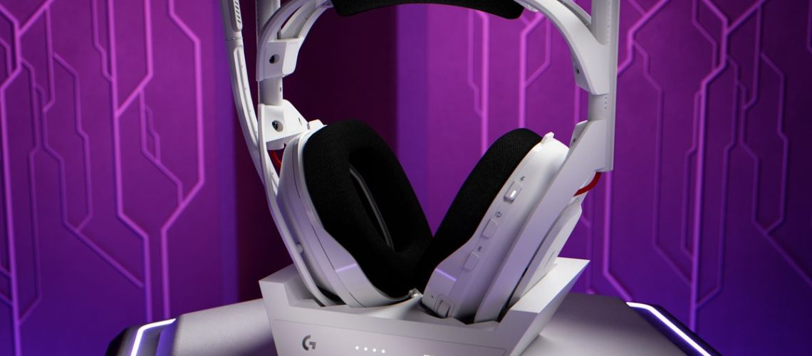 Logitech G Astro A50 gaming headset in white, purple background