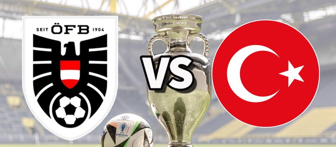 The Austria and Turkiye club badges on top of a photo of the Euro 2024 trophy and match ball