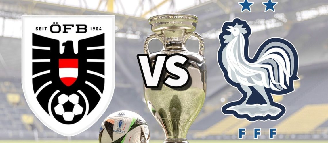 The Austria and France club badges on top of a photo of the Euro 2024 trophy and match ball