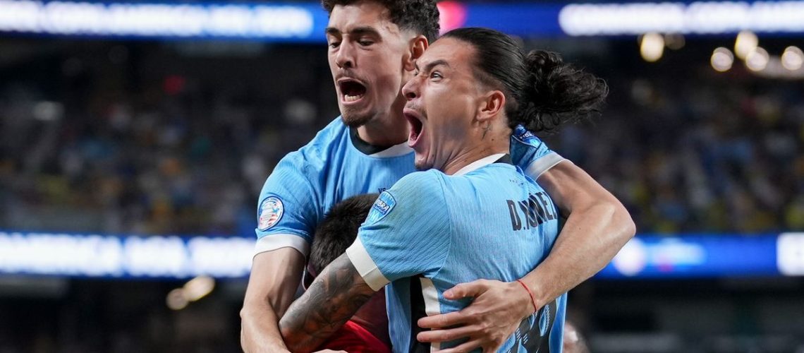 Sergio Rochet GK #1 of Uruguay and team celebrating their victory over Brazil ahead of the Uruguay vs Colombia Copa America 2024 semi-final