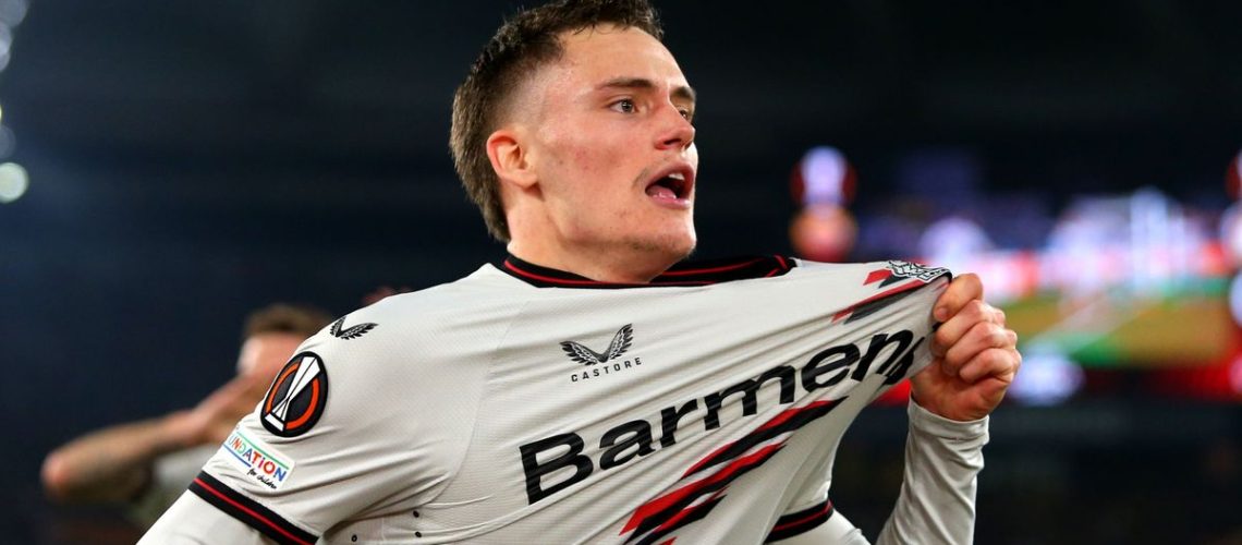 lorian Wirtz of Bayer Leverkusen celebrates scoring his team