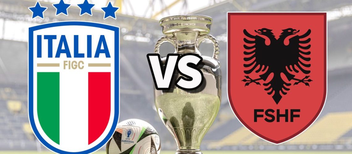 The Italy and Albania international football team badges on top of a photo of the Euro 2024 trophy and match ball