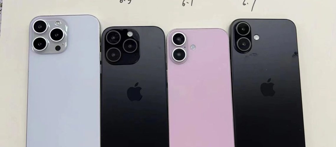 Four alleged iPhone 16 dummies, featuring their sizes written above them.