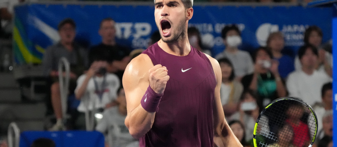 Carlos Alcaraz of Spain celebrates winning against Zizou Bergs of Belgium during the Singles Round of 16 on day four of Kinoshita Group Japan Open at Ariake Colosseum on September 27, 2025 in Tokyo, Japan.