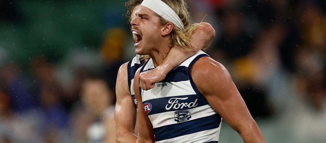 Bailey Smith of the Cats celebrates a goal during the AFL Second Preliminary Final match between the Geelong Cats and the Hawthorn Hawks at the Melbourne Cricket Ground on September 19, 2025 in Melbourne, Australia.