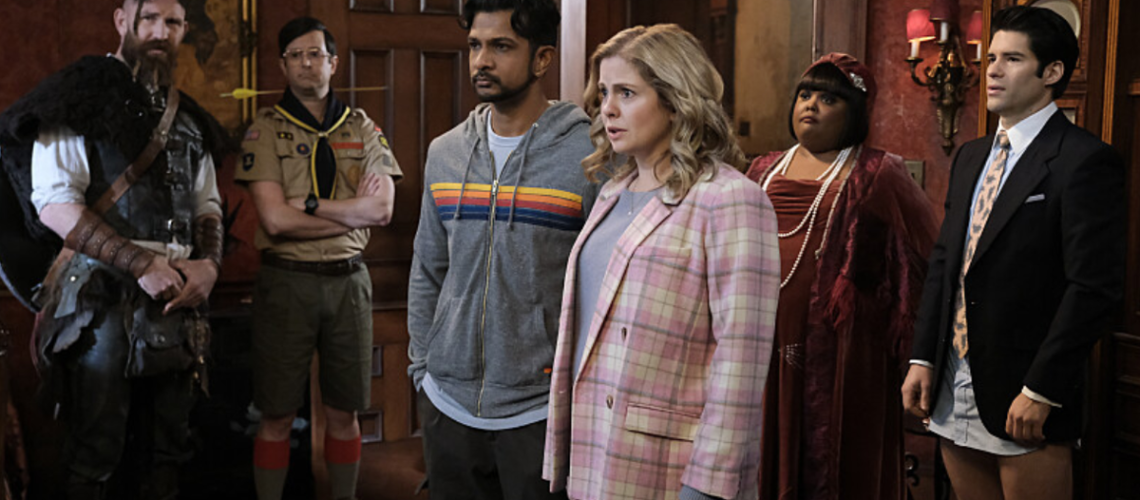 Thorfinn (Devan Chandler Long), Pete (Richie Moriarty), Jay (Utkarsh Ambudkar), Samantha (Rose McIver), Alberta (Danielle Pinnock) and Trevor (Asher Grodman) in Ghosts season 3