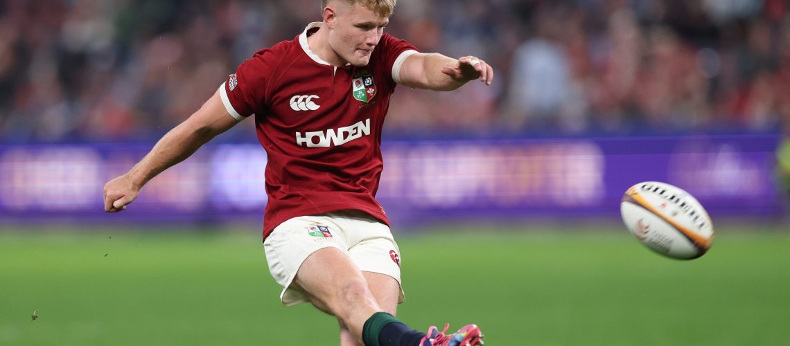 Fin Smith taking a penalty for British &amp; Irish Lions.