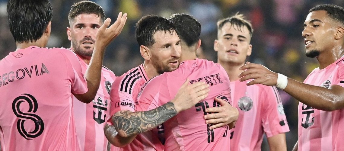 Inter Miami's Argentine forward Lionel Messi celebrates scoring his team's first goal during the friendly football match between Ecuador's Barcelona and the US' Inter Miami at the Banco Pichincha Stadium in Guayaquil, Ecuador.