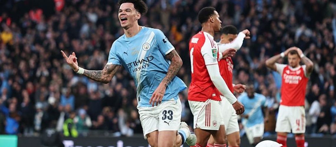 Nico O'Reilly of Manchester City celebrates scoring his team's first goal during the Carabao Cup Final match between Arsenal and Manchester City.