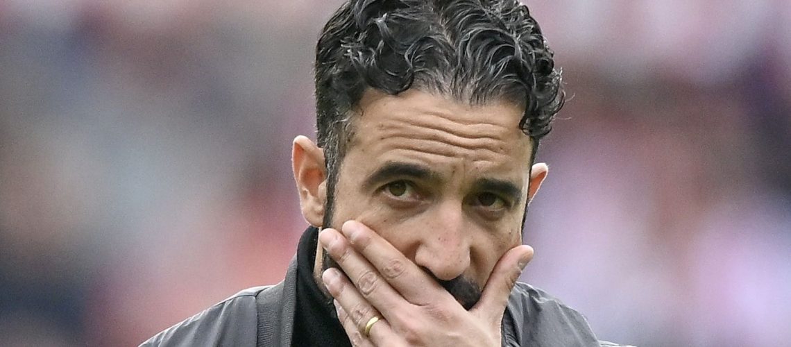 Ruben Amorim manager of Manchester United looks dejected during the Premier League match between Brentford and Manchester United at Brentford Community Stadium on September 27, 2025 in Brentford, England. (Photo by Vince Mignott/MB Media/Getty Images)