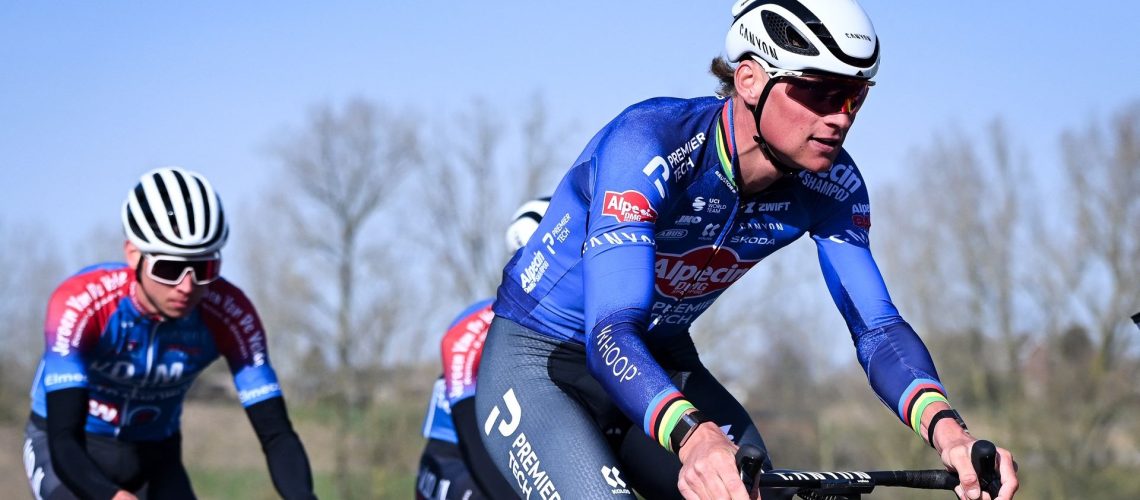 Dutch rider Mathieu van der Poel takes part in a warm up ahead of the 2026 Omloop Nieuwsblad.