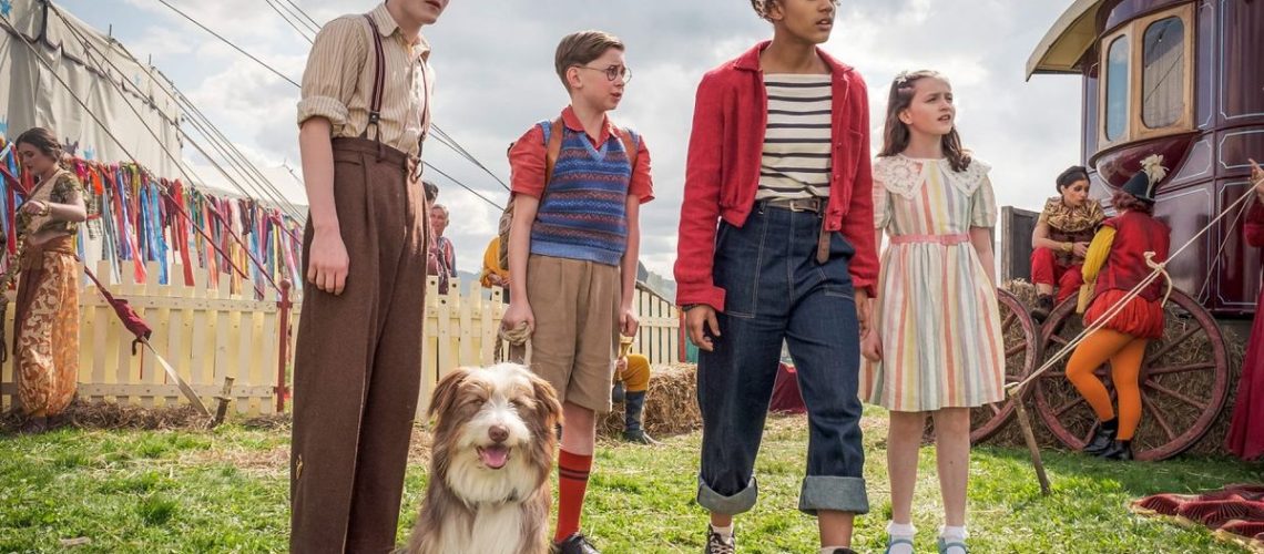 Diaana Babnicova as George, Elliott Rose as Julian, Kit Rakusen as Dick and Flora Jacoby Richardson as Anne with Timmy the dog in