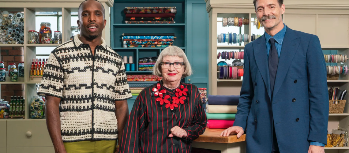 New host Kiell Smith-Bynoe (left) is pictured with judges Esme Young and Patrick Grant ahead of the 10th season of