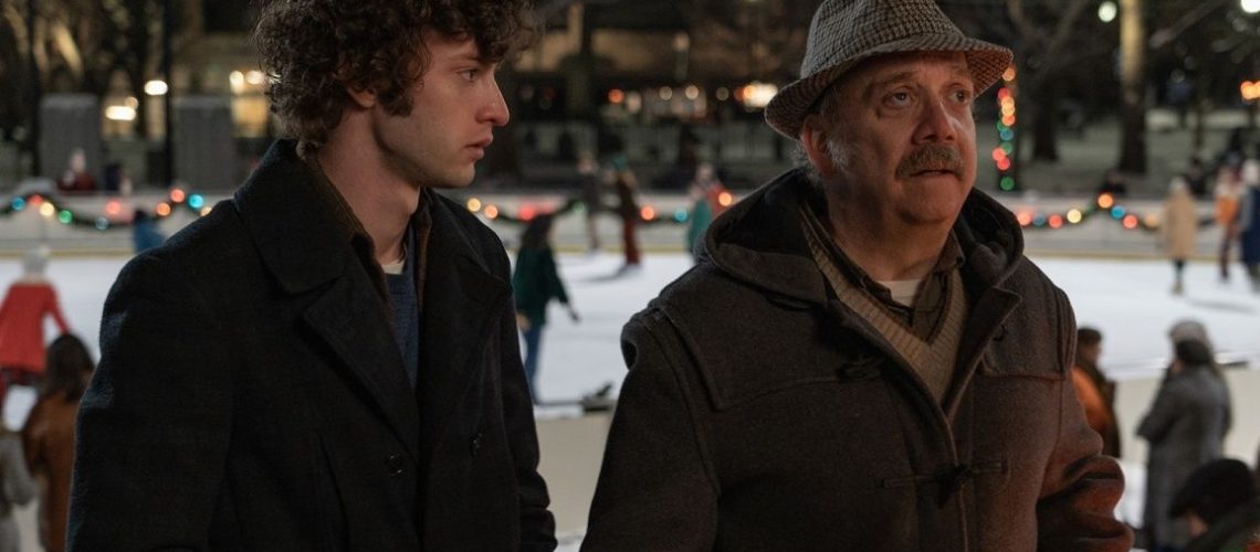 Paul Giamatti as Paul Hunham and Dominic Sessa as Angus Tully in The Holdovers