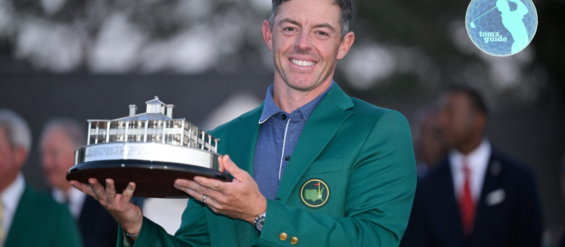 Rory McIlroy of Northern Ireland holds the trophy after the final round of Masters Tournament at Augusta National Golf Club on April 13, 2025 in Augusta, Georgia.