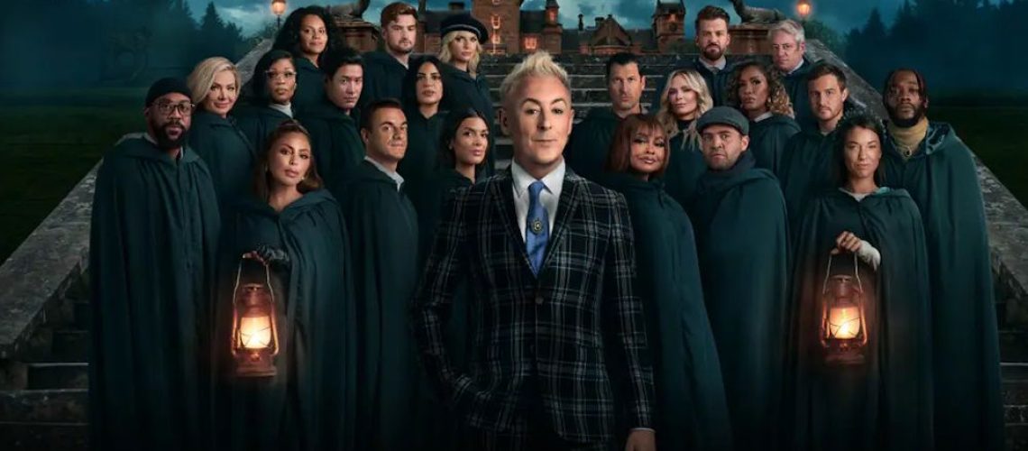 Promotional image for The Traitors U.S. season 2 featuring Alan Cumming and contestants such as Deontay Wilder and Marcus Jordan.