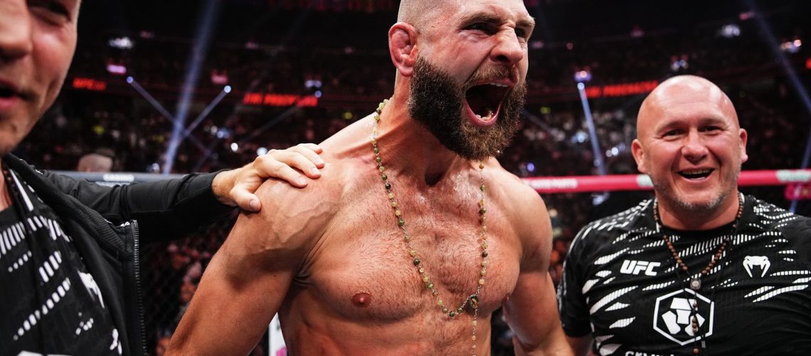 Jiri Prochazka of the Czech Republic reacts to his knockout of Khalil Rountree Jr. in a light heavyweight fight during the UFC 320 event at T-Mobile Arena on October 04, 2025 in Las Vegas, Nevada.