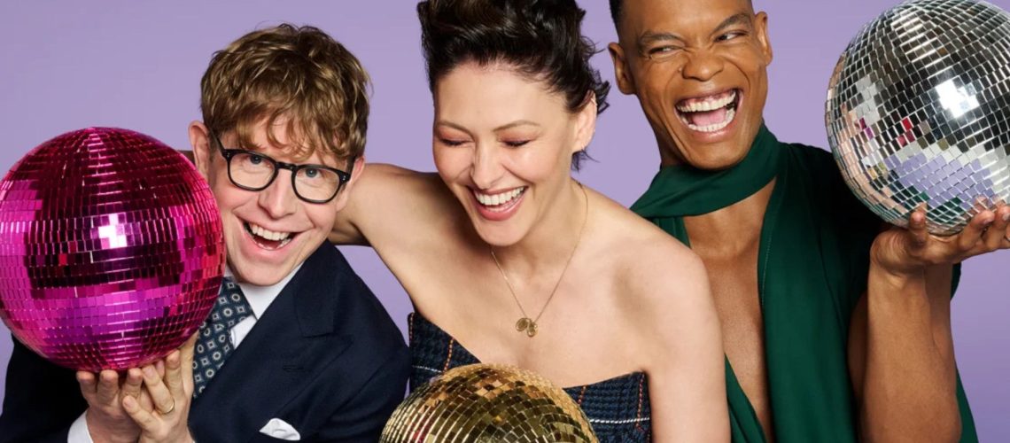 Josh Widdicombe, Emma Willis, and Johannes Radebe in promotional image for "Strictly Come Dancing 2026"