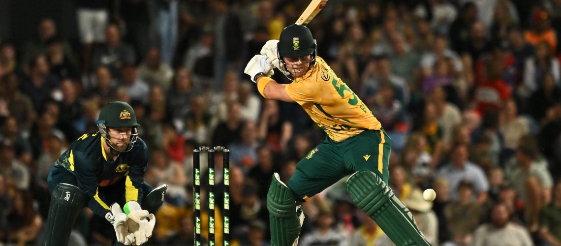 Dewald Brevis of South Africa bats during game three of the Men's T20 International series between Australia and South Africa at Cazaly's Stadium on August 16, 2025 in Cairns, Australia.