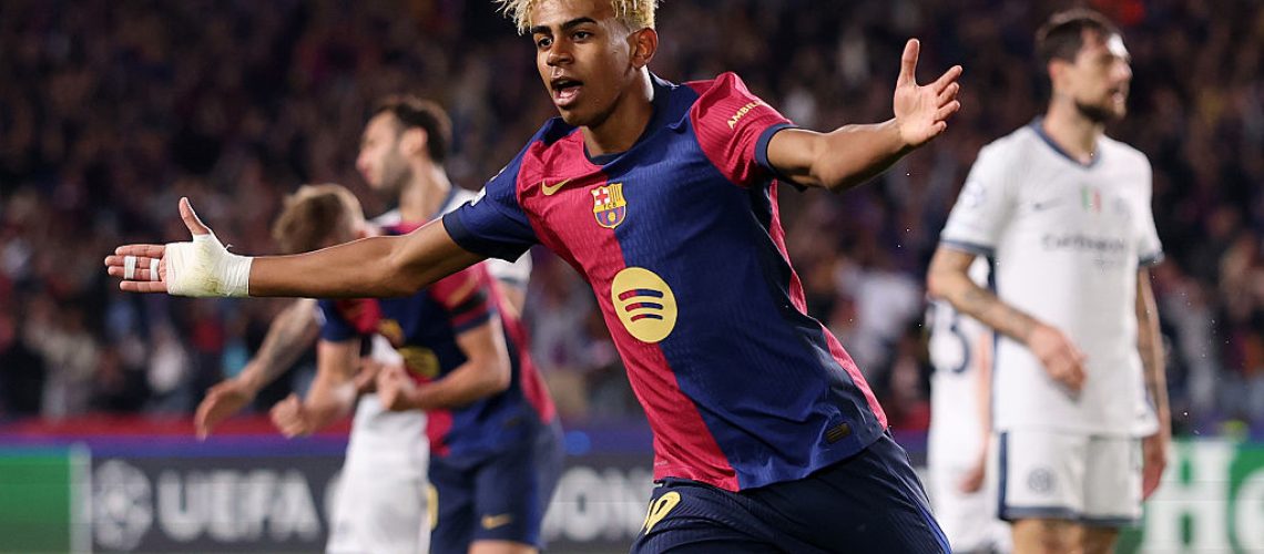 Lamine Yamal of FC Barcelona celebrates scoring his team's first goal during the UEFA Champions League 202425 Semi Final First Leg match between FC Barcelona and FC Internazionale Milano at Estadi Olimpic Lluis Companys on April 30, 2025