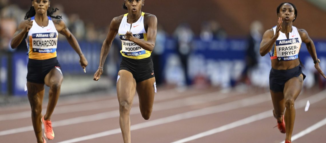 Richardson, Jefferson-Wooden and Fraser-Pryce during the 100M women's race of the 2025 Allianz Memorial Van Damme in Brussels, Belgium