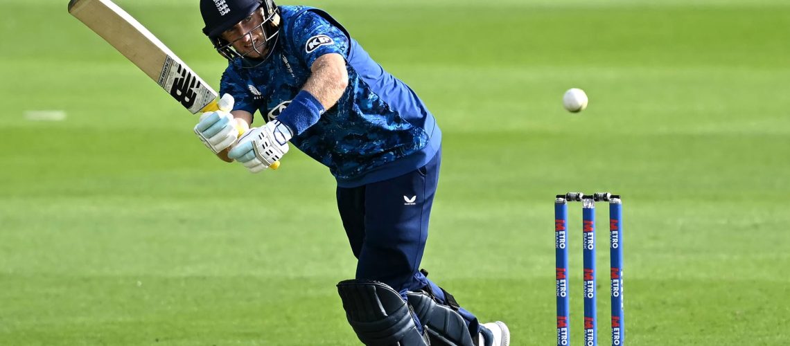 England's Joe Root bats during the second One Day International (ODI) cricket match between England and West Indies at Sophia Gardens cricket ground in Cardiff on June 1, 2025.