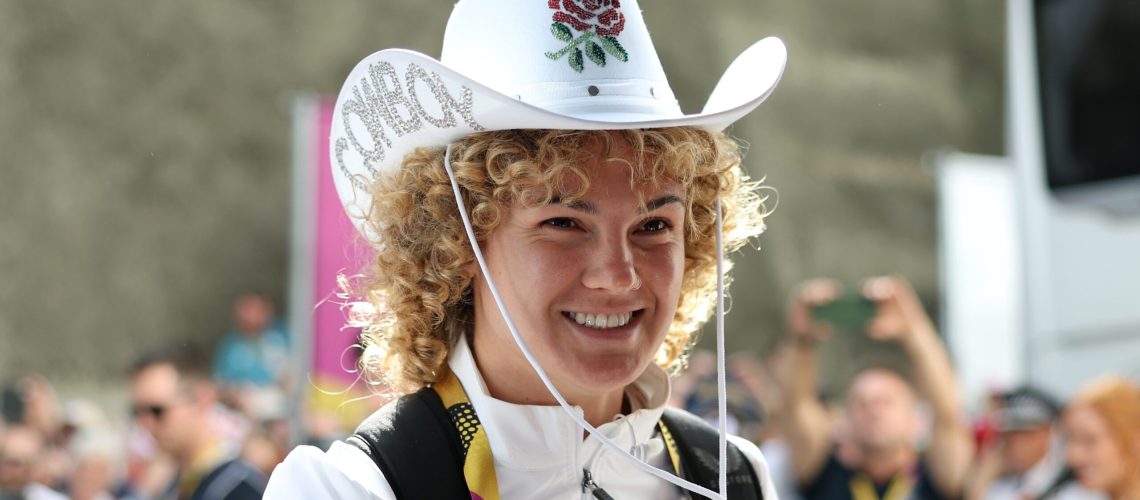 Ellie Kildunne of England wears an England branded cowboy hat as she arrives at the stadium prior to the Women's Rugby World Cup 2025 Pool A match between England and Australia at Brighton &amp; Hove Albion Stadium on September 06, 2025 in Brighton, England.