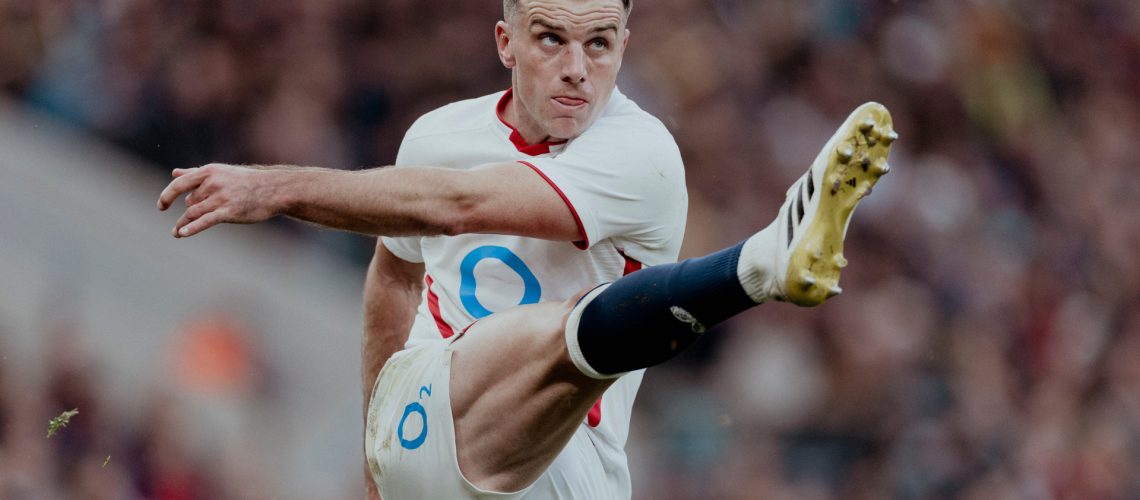 George Ford of England kicks during the Quilter Nations Series international rugby match between England and Australia at Allianz Stadium on November 01, 2025 in London, England.