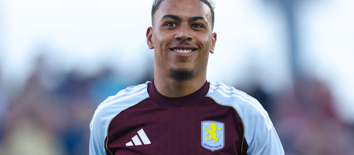 Morgan Rogers of Aston Villa celebrates scoring a goal during the pre-season friendly match between Eintracht Frankfurt and Aston Villa at Lynn Family Stadium on July 26, 2025 in Louisville, Kentucky.