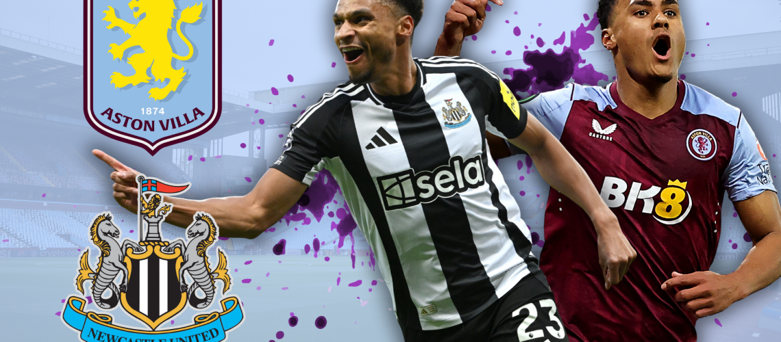 (L-R) Jacob Murphy of Newcastle and Ollie Watkins of Aston Villa, alongside club crests