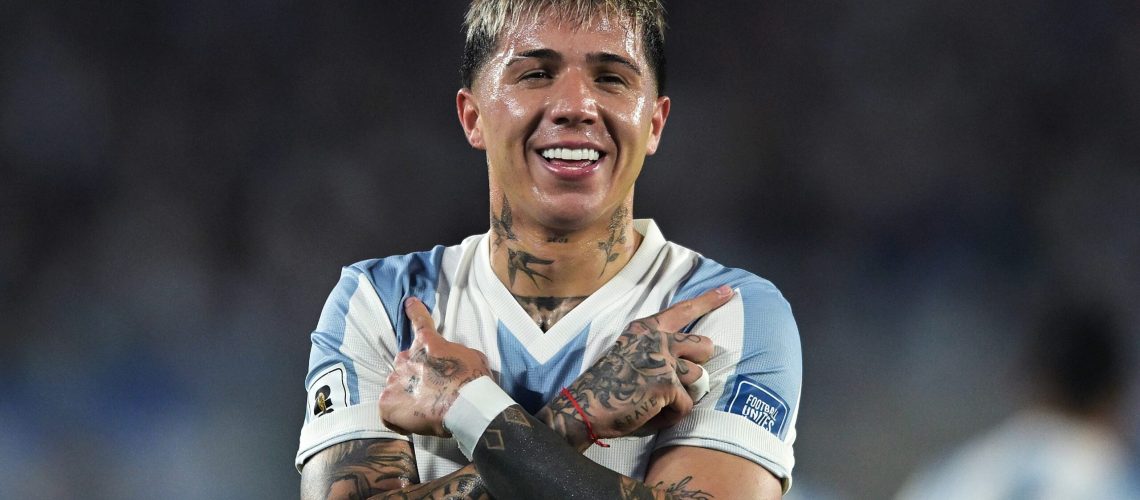 Enzo Fernandez celebrates scoring against Brazil for Argentina in FIFA 2026 World Cup Qualifier.