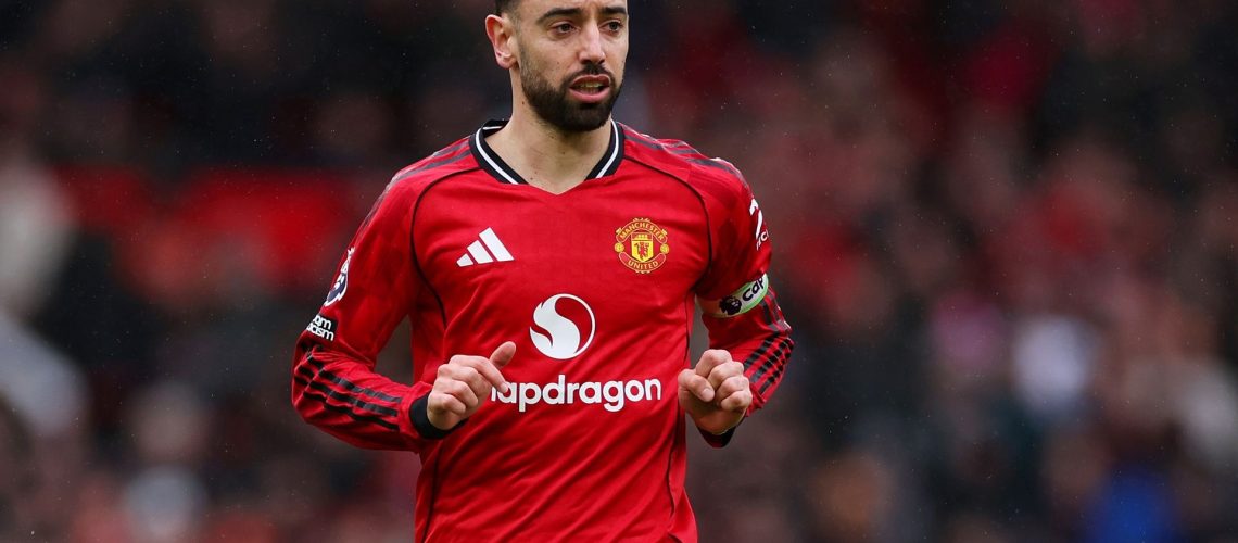 MANCHESTER, ENGLAND - MARCH 15: Bruno Fernandes of Manchester United looks on during the Premier League match between Manchester United and Aston Villa at Old Trafford on March 15, 2026 in Manchester, England. (Photo by Lewis Storey/Getty Images)