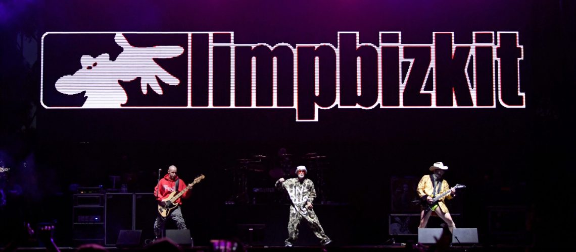 Sam Rivers, Fred Durst and Wes Borland of Limp Bizkit perform onstage at KROQ Weenie Roast &amp; Luau at Doheny State Beach on June 08, 2019 in Dana Point, California.