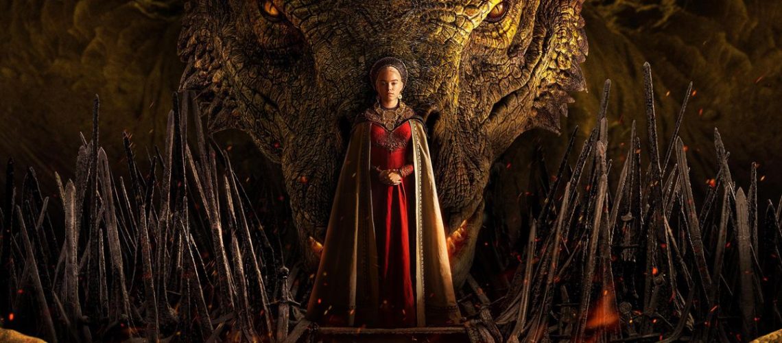 Queen Alicent (Olivia Cooke) stands in front of a huge dragon head in House of the Dragon Season 2 on Max