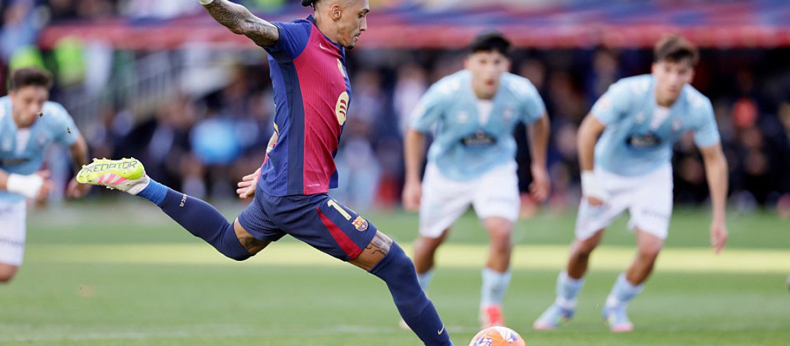 Raphinha of FC Barcelona scores a goal during the LaLiga EA Sports match between FC Barcelona v Celta de Vigo in April 2025