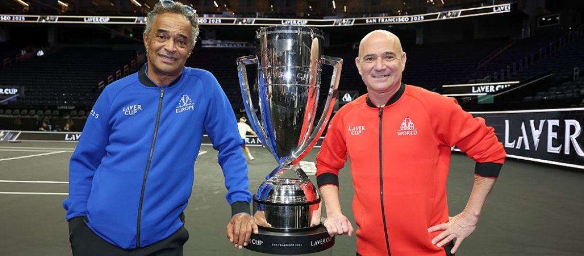 Captains Yannick Noah and Andre Agassi posing with the Laver Cup trophy prior to the start of the 2025 tournament.