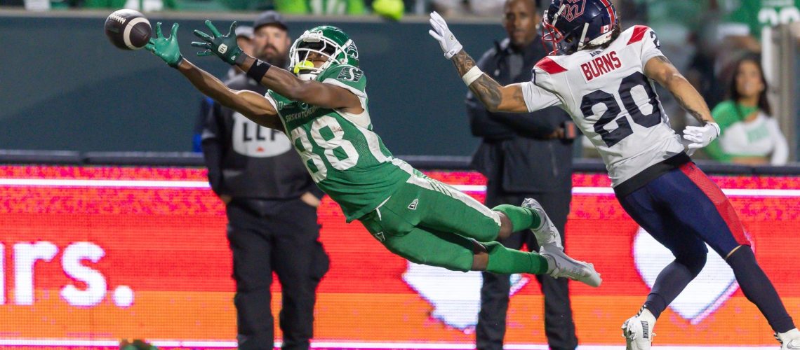 Dohnte Meyers making a spectacular diving attempt at a catch in the most recent Roughriders vs Alouettes game ahead of Grey Cup 2025