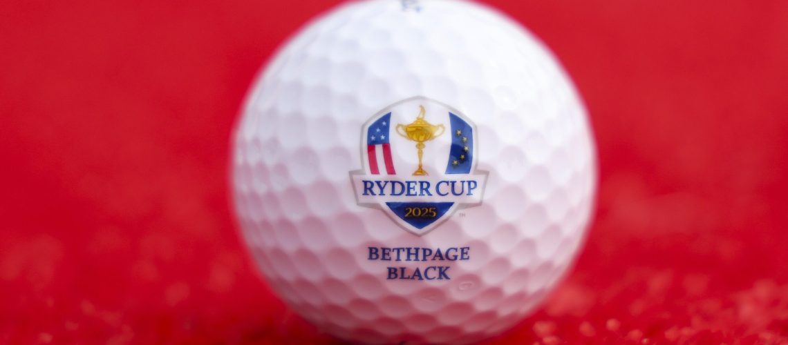 A detailed view of a Ryder Cup golf ball prior to the Ryder Cup 2025 at Black Course at Bethpage State Park Golf Course on September 22, 2025 in Farmingdale, New York.