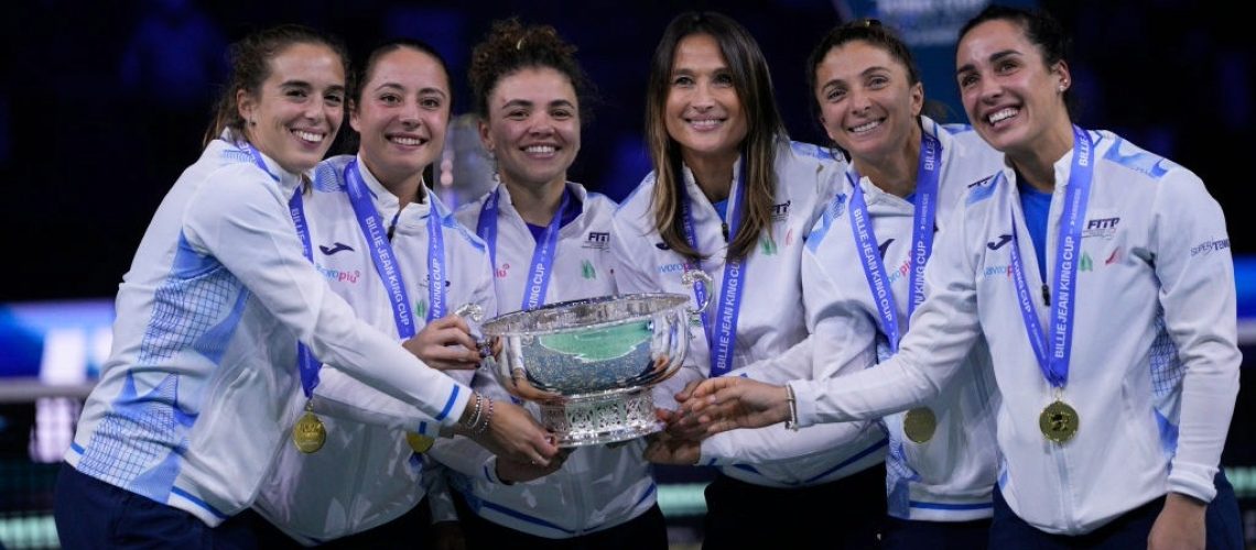 The victorious Italy Billie Jean King Cup celebrate winning the 2024 title.