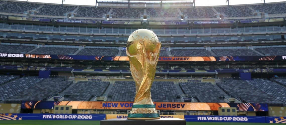 The World Cup Trophy on display at MetLife Stadium ahead of the World Cup 2026 final