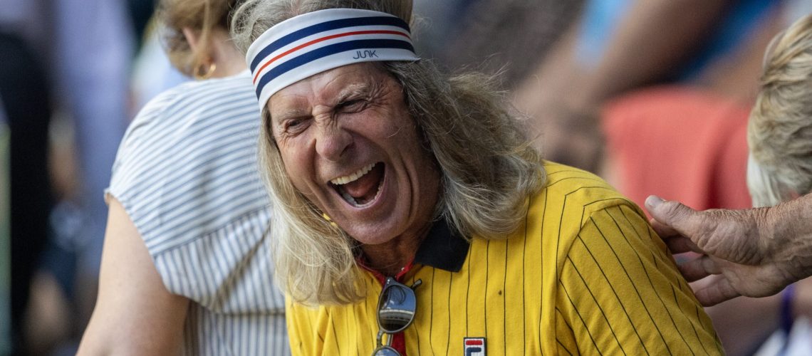 LONDON, ENGLAND - JULY 10: A fan dressed as Björn Borg in the stands during the Semi-Finals of the Ladies' Singles Competition on Centre Court during the Wimbledon Lawn Tennis Championships at the All England Lawn Tennis and Croquet Club at Wimbledon on July 10th, 2025, in London, England. (Photo by Tim Clayton/Getty Images)