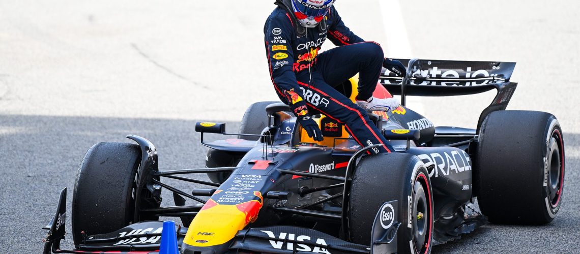 Max Verstappen gets off the RB21 after the Spanish Grand Prix.