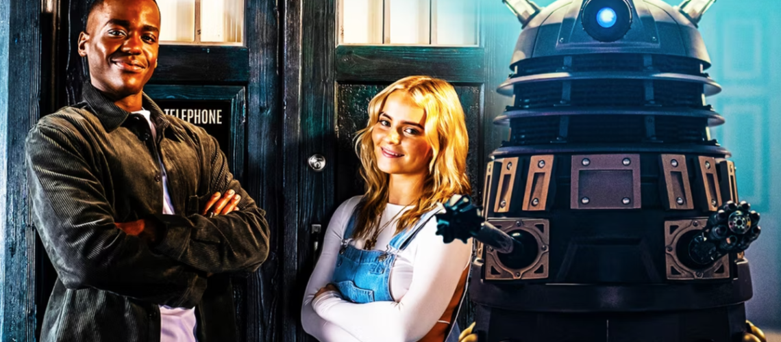 The Fifteenth Doctor (played by Ncuti Gatwa) and his companion Ruby Sunday (Millie Gibson) pose in front of the Tardis as a dalek looms nearby
