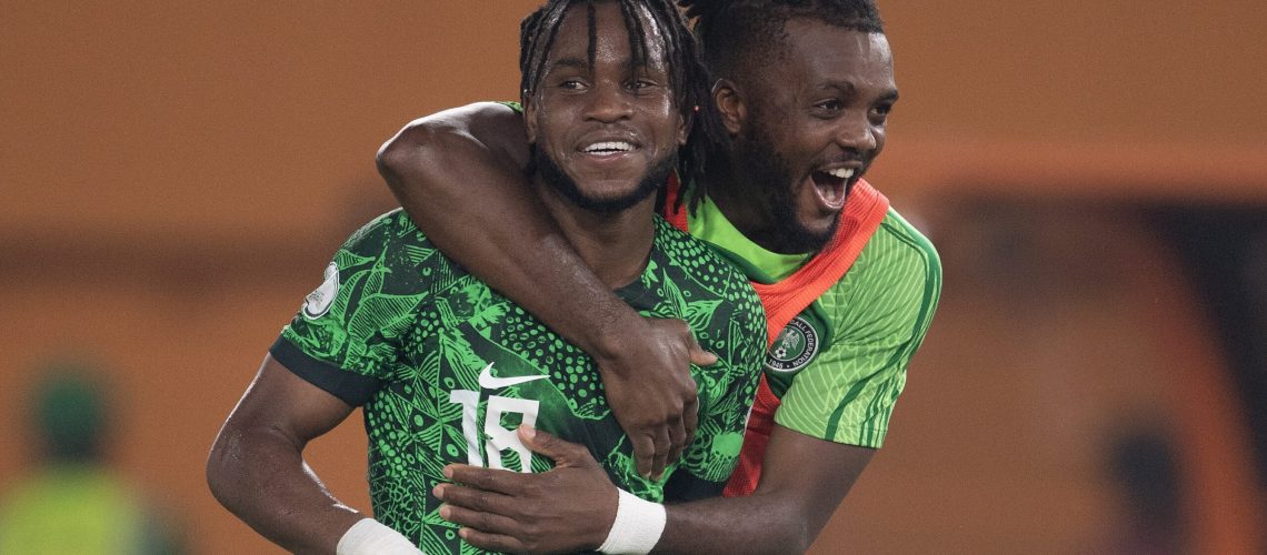 Ademola Lookman (left) and Chidozie Awaziem of Nigeria celebrate victory in the Total Energies CAF Africa Cup of Nations round of 16 match between Nigeria and Cameroon at Stade Felix Houphouet-Boigny on January 27, 2024 in Abidjan, Ivory Coast.