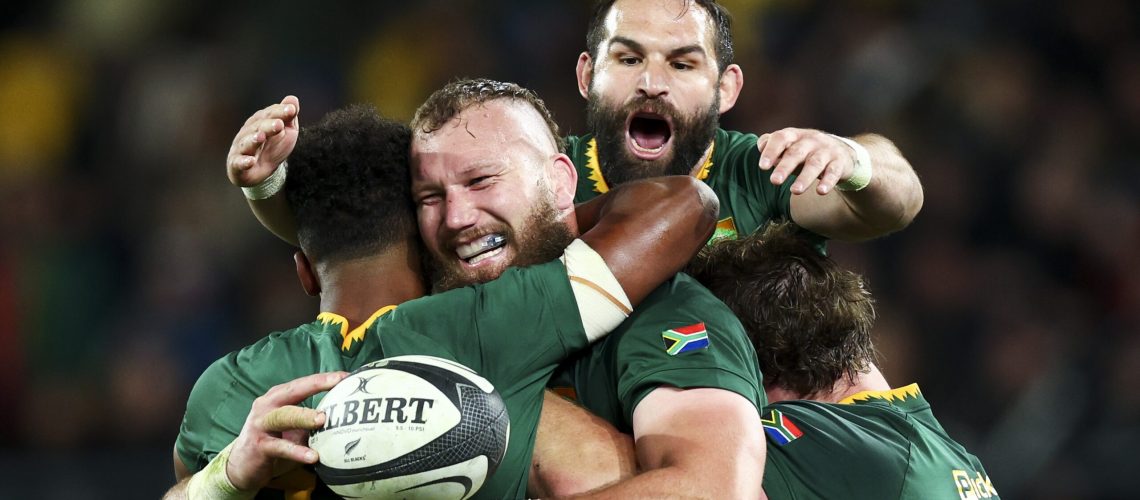 RG Snyman of South Africa celebrates after scoring a try during The Rugby Championship match between New Zealand All Blacks and South Africa Springboks at Sky Stadium on September 13, 2025 in Wellington, New Zealand.